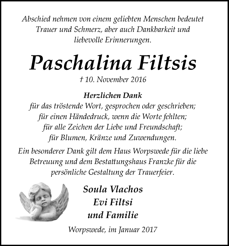Traueranzeige von Paschalina Filtsis von Wuemme Zeitung