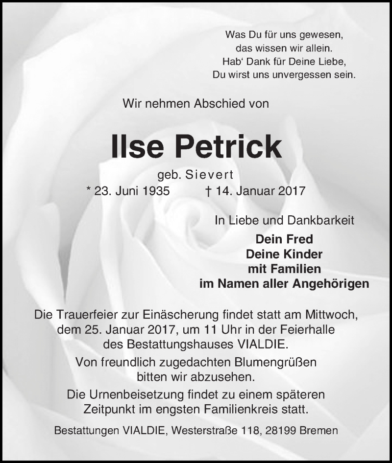  Traueranzeige für Ilse Petrick vom 21.01.2017 aus WESER-KURIER