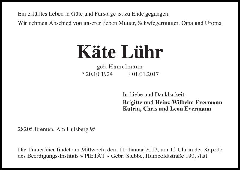Traueranzeige von Käte Lühr von WESER-KURIER