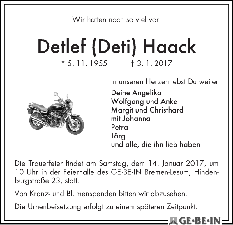 Traueranzeige von Detlef (Deti) Haack von WESER-KURIER