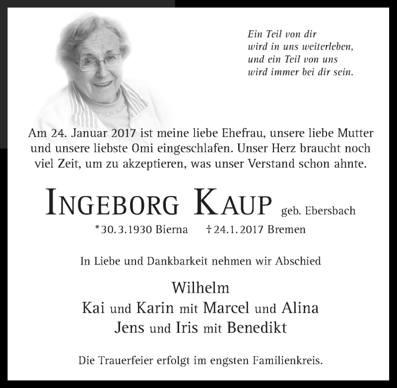 Traueranzeige von Ingeborg Kaup von WESER-KURIER