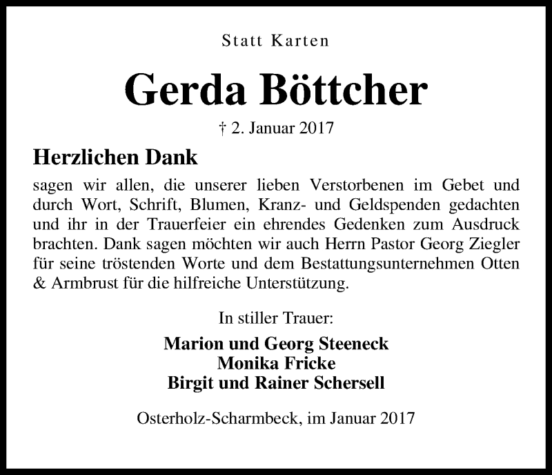 Traueranzeige von Gerda Böttcher von Osterholzer Kreisblatt