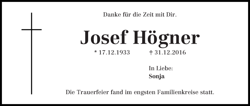 Traueranzeige von Josef Högner von Die Norddeutsche