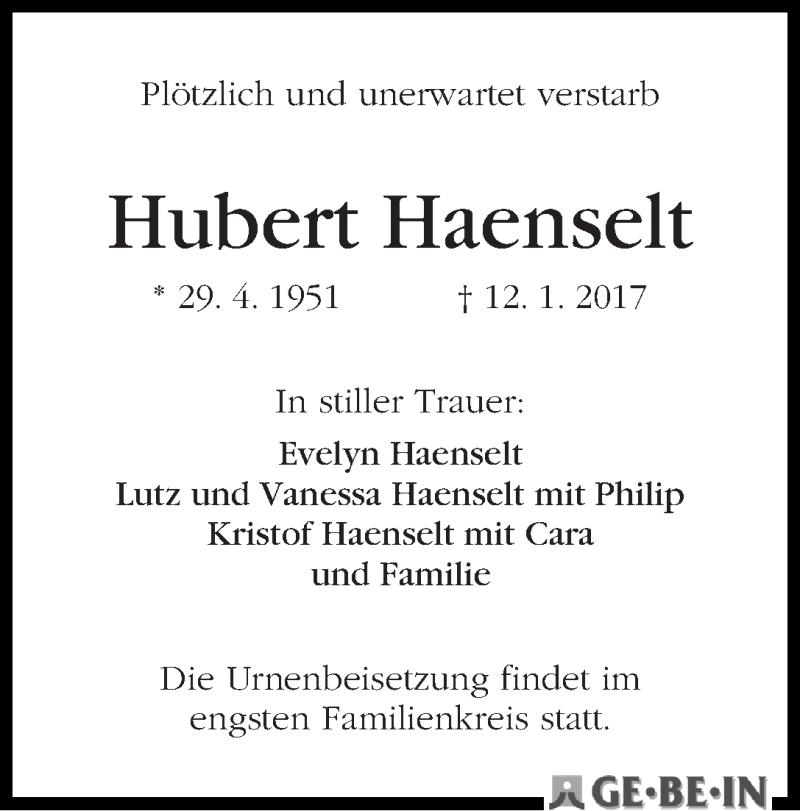 Traueranzeige von Hubert Haenselt von WESER-KURIER