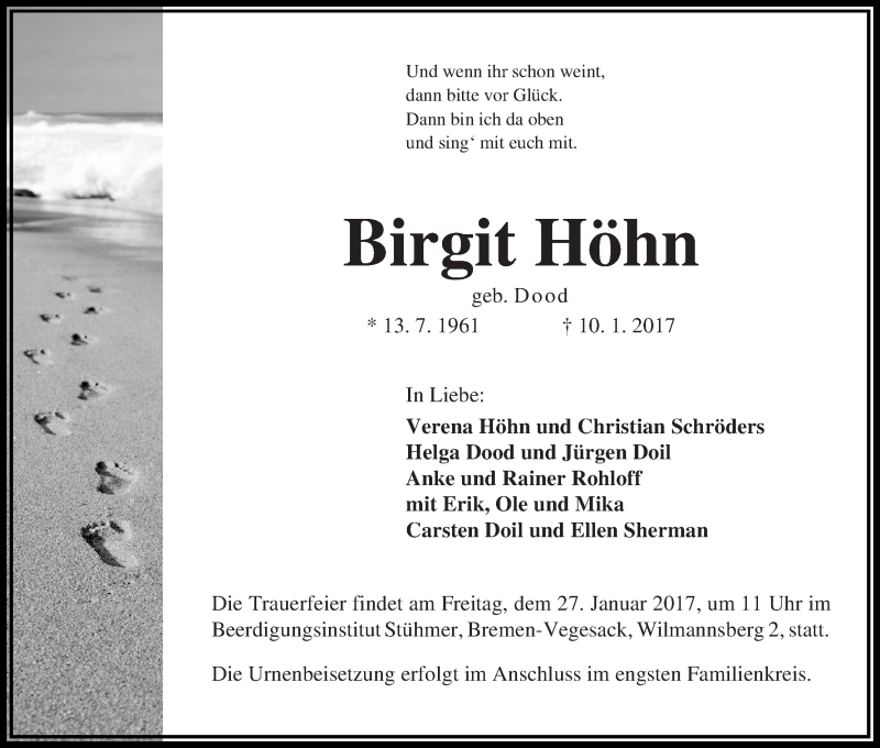  Traueranzeige für Birgit Höhn vom 23.01.2017 aus Die Norddeutsche
