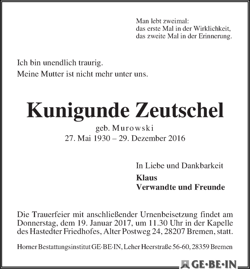 Traueranzeige von Kunigunde Zeutschel von WESER-KURIER