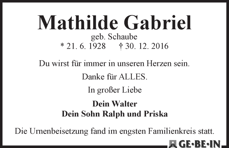Traueranzeige von Mathilde Gabriel von WESER-KURIER