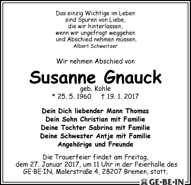 Traueranzeige von Susanne Gnauck von WESER-KURIER