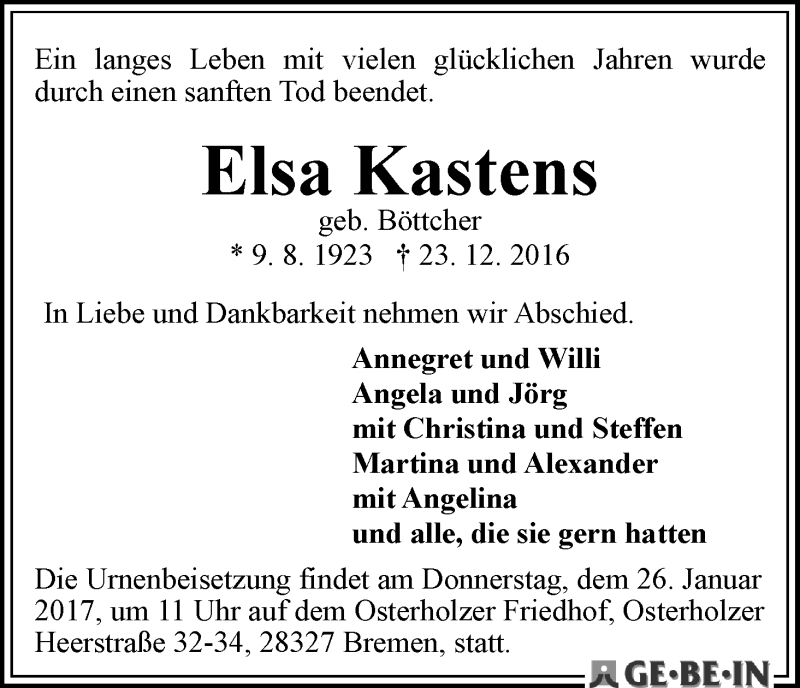 Traueranzeige von Elsa Kastens von WESER-KURIER
