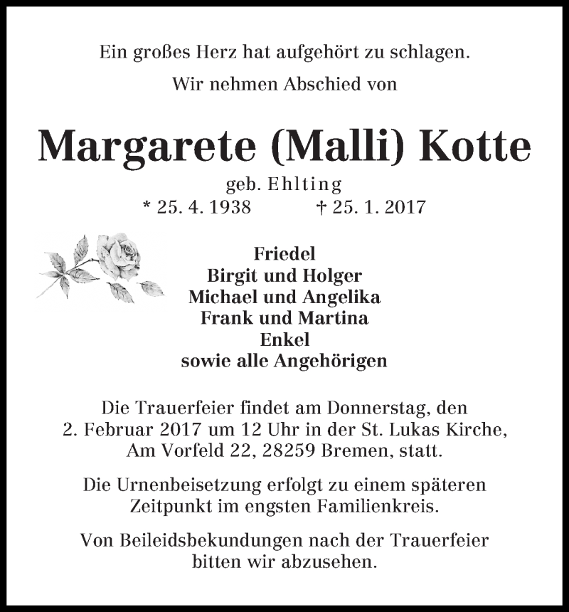 Traueranzeige von Margarete Kotte von WESER-KURIER