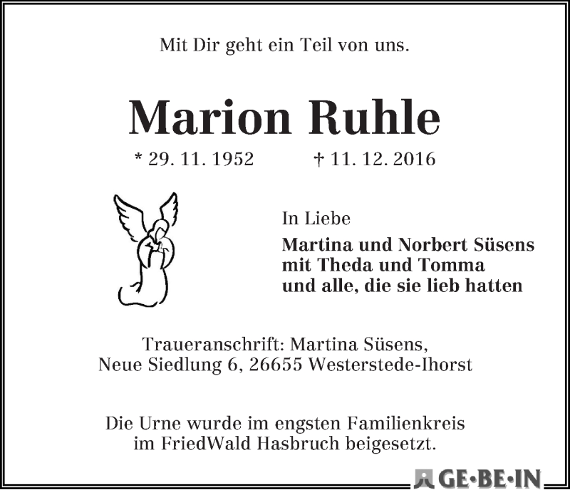  Traueranzeige für Marion Ruhle vom 14.01.2017 aus WESER-KURIER