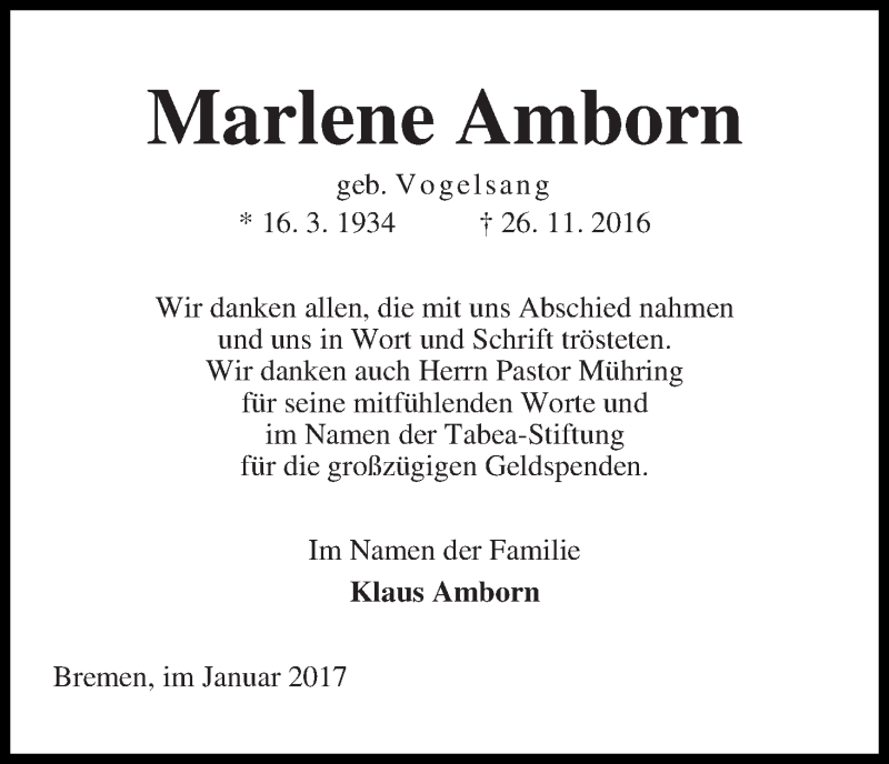 Traueranzeige von Marlene Amborn von WESER-KURIER