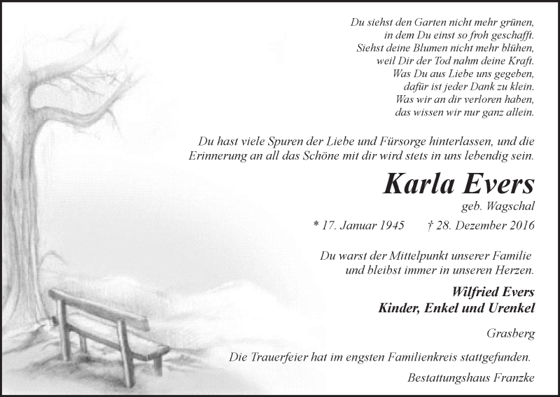 Traueranzeige von Karla Evers von Wuemme Zeitung