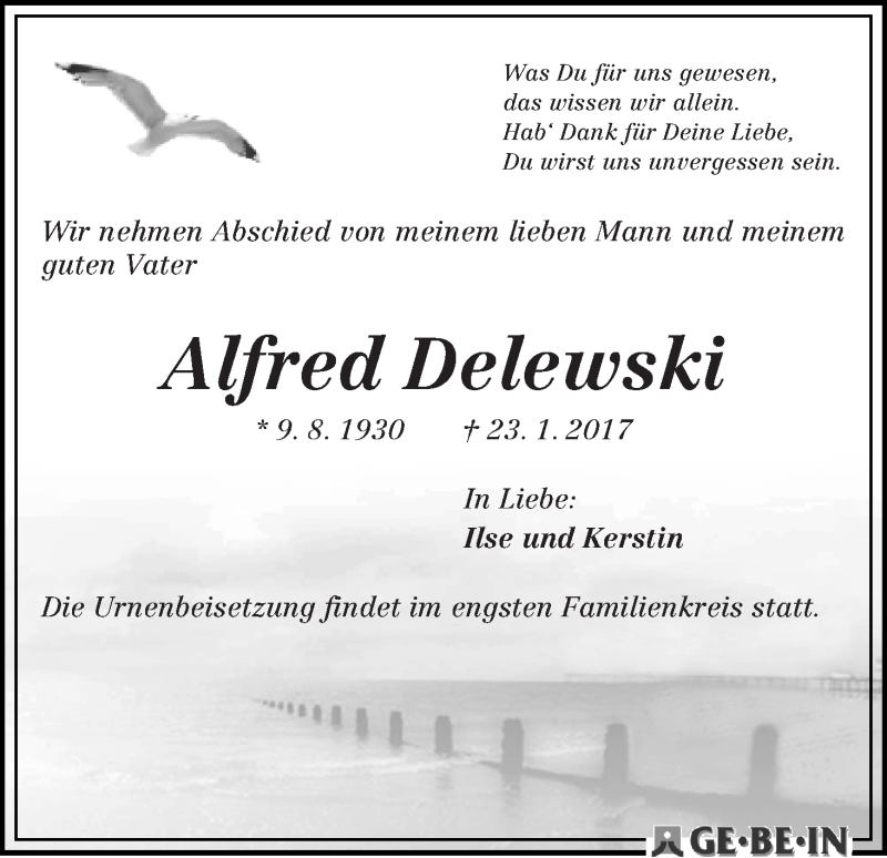 Traueranzeige von Alfred Delewski von WESER-KURIER