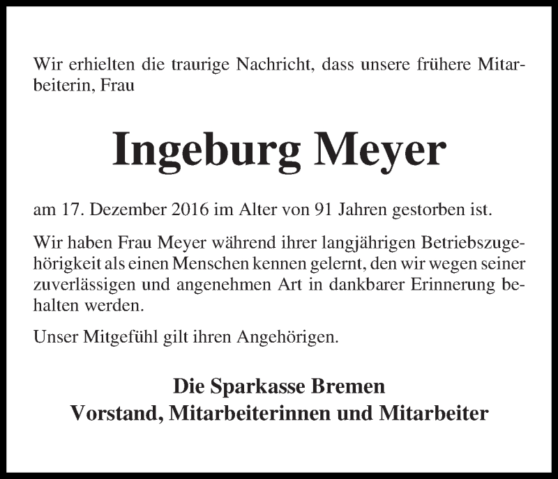 Traueranzeige von Ingeburg Meyer von WESER-KURIER