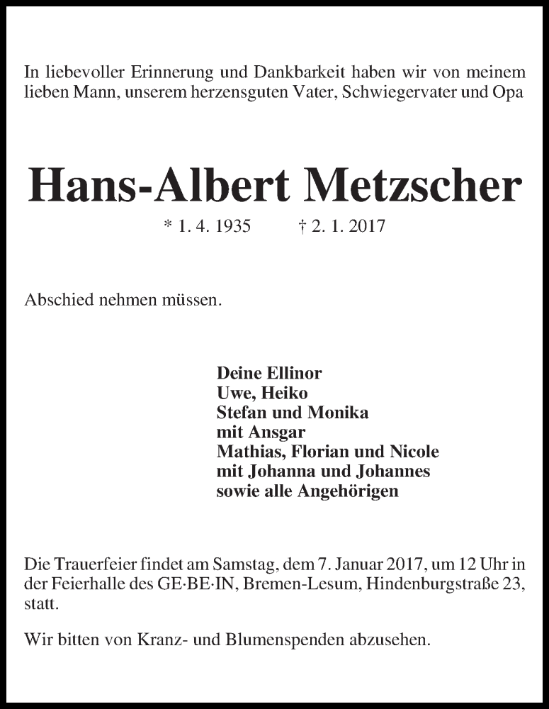 Traueranzeige von Hans-Albert Metzscher von Die Norddeutsche