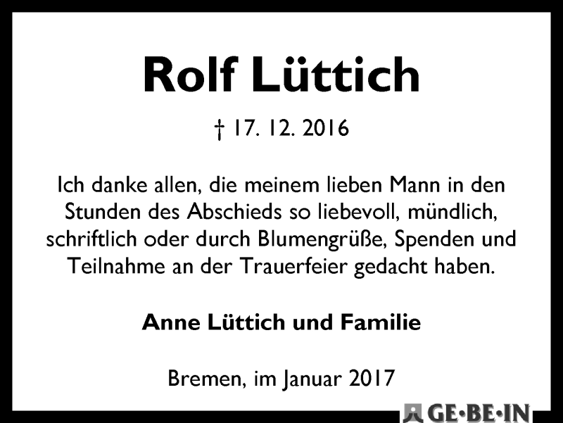 Traueranzeige von Rolf Lüttich von WESER-KURIER