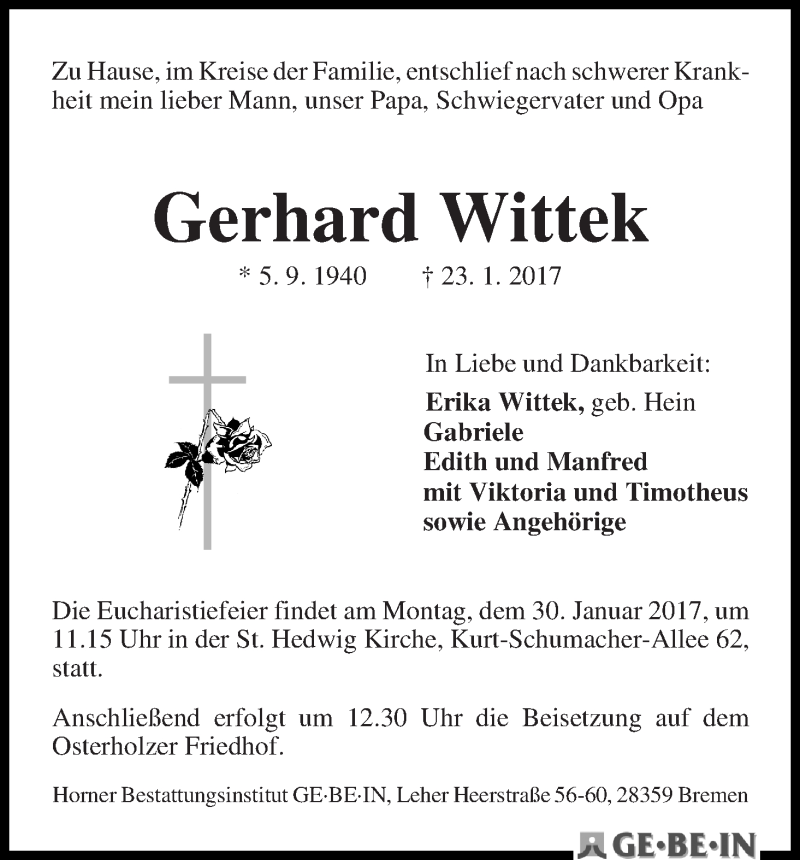 Traueranzeige von Gerhard Wittek von WESER-KURIER