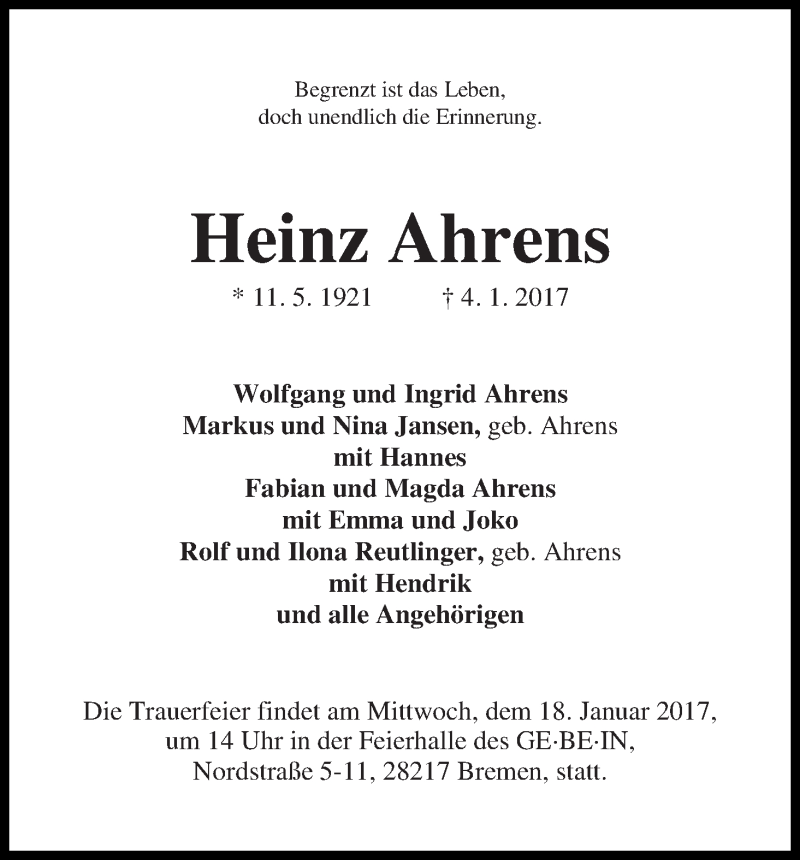 Traueranzeige von Heinz Ahrens von WESER-KURIER