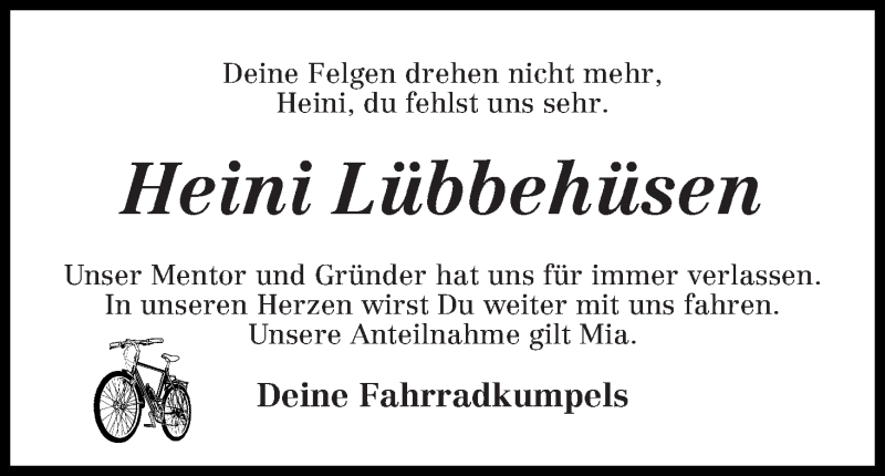 Traueranzeige von Heini Lübbehüsen von WESER-KURIER