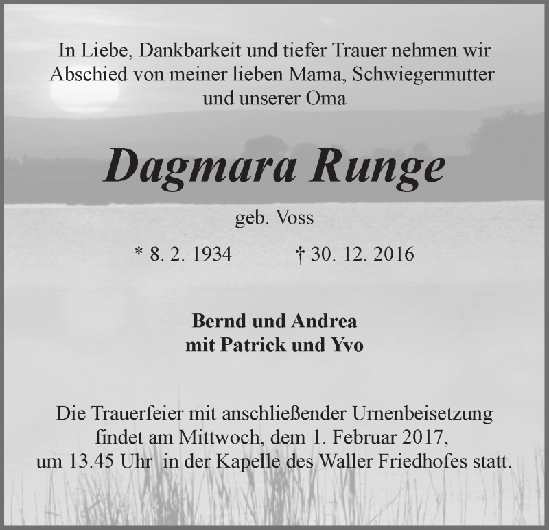 Traueranzeige von Dagmara Runge von WESER-KURIER