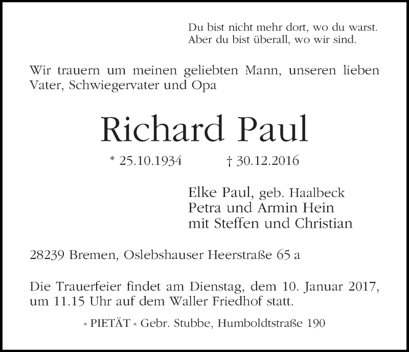 Traueranzeige von Richard Paul von WESER-KURIER
