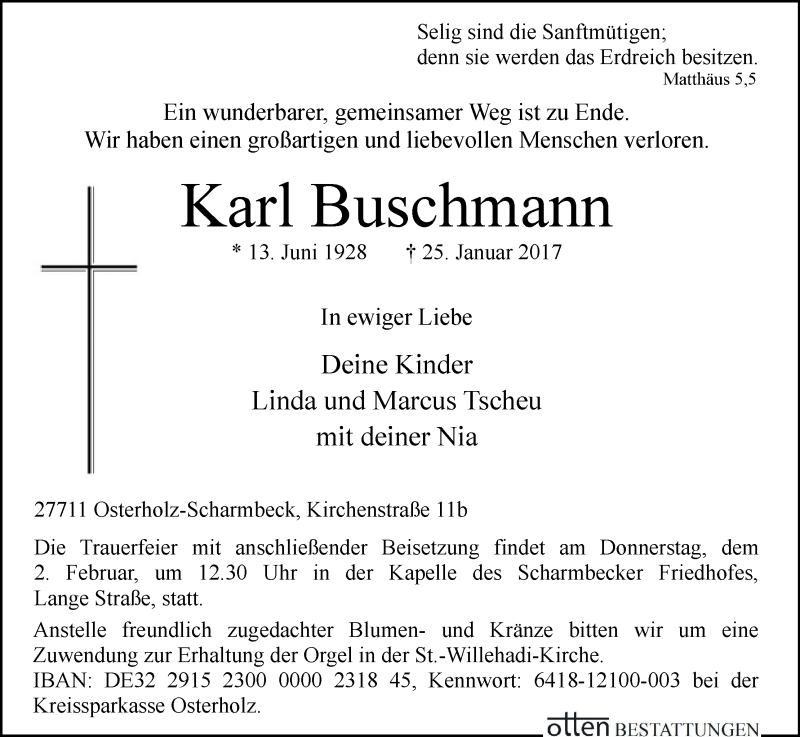  Traueranzeige für Karl Buschmann vom 27.01.2017 aus Osterholzer Kreisblatt