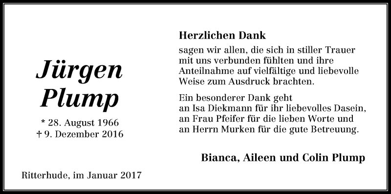 Traueranzeige für Jürgen Plump vom 14.01.2017 aus Osterholzer Kreisblatt
