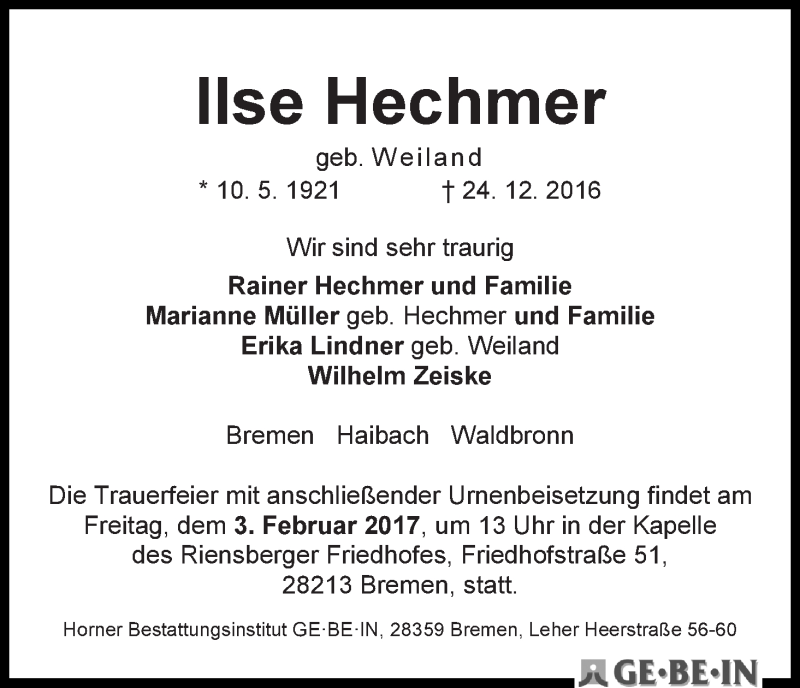 Traueranzeige von Ilse Hechner von WESER-KURIER