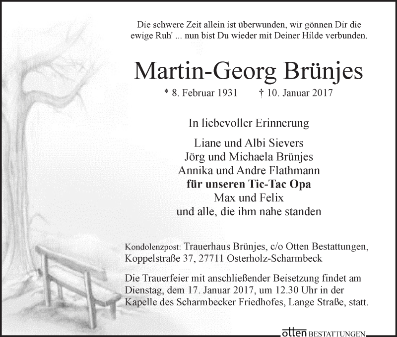 Traueranzeige von Martin-Georg Brünjes von Osterholzer Kreisblatt