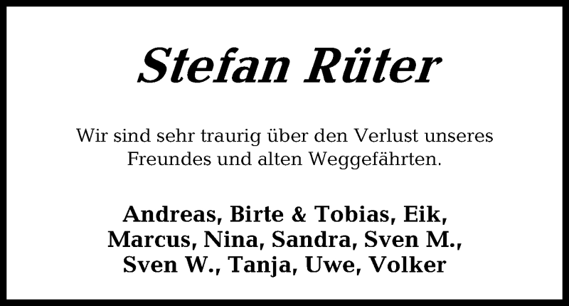 Traueranzeige von Stefan Rüter von Osterholzer Kreisblatt