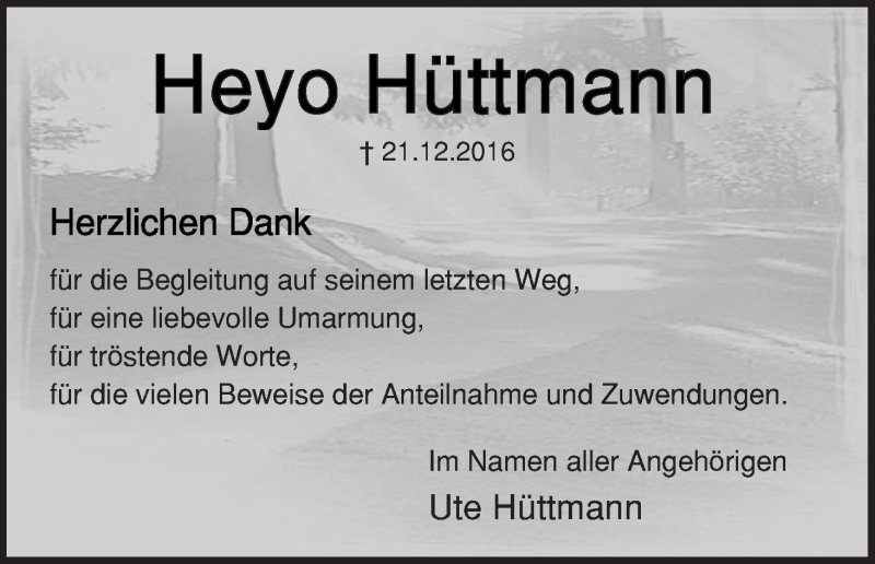 Traueranzeige von Heyo Hüttmann von WESER-KURIER