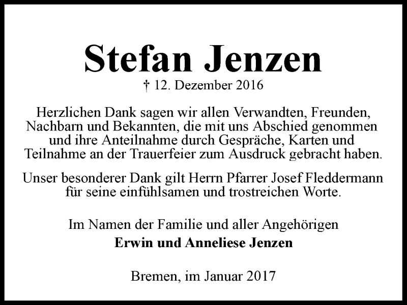 Traueranzeige von Stefan Jenzen von WESER-KURIER