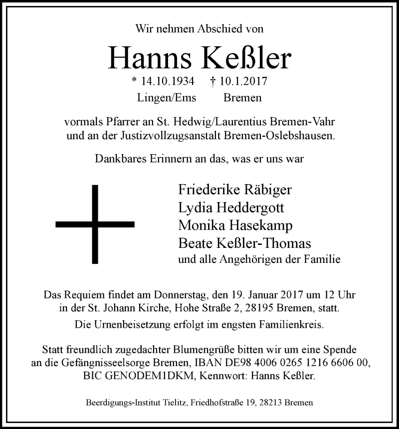 Traueranzeige von Hanns Keßler von WESER-KURIER