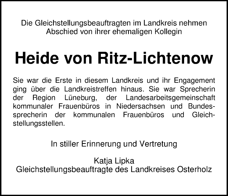  Traueranzeige für Heide von Ritz-Lichtenow vom 25.01.2017 aus Osterholzer Kreisblatt
