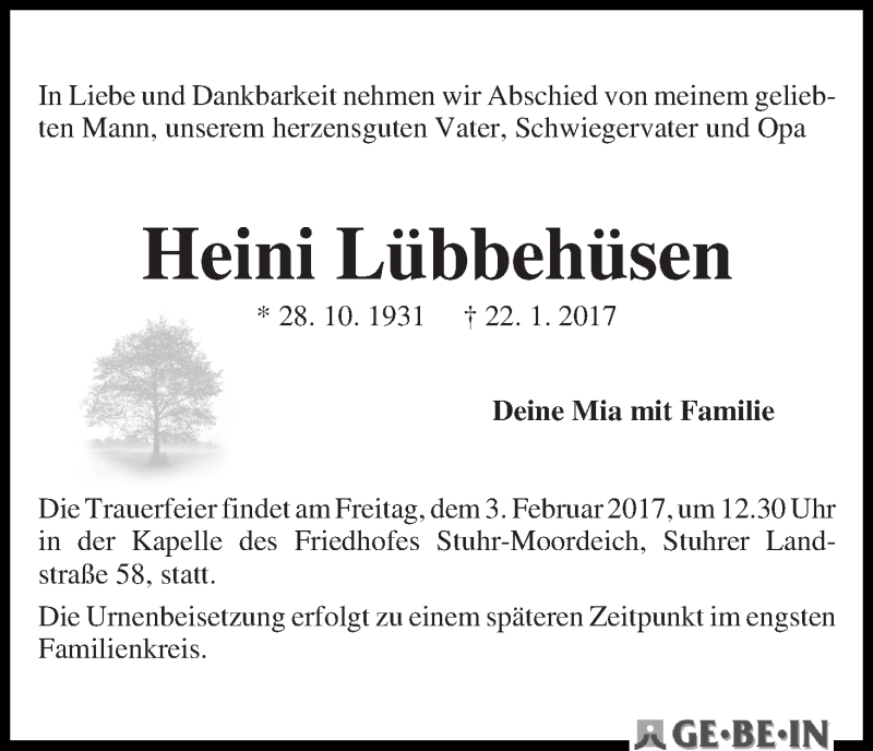 Traueranzeige von Heini Lübbehüsen von WESER-KURIER