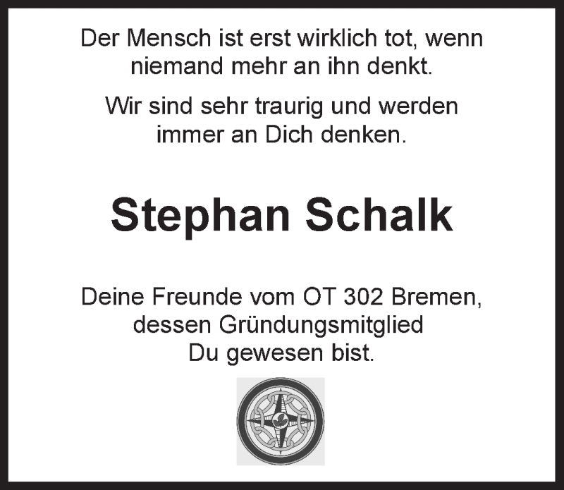 Traueranzeige von Stephan Schalk von WESER-KURIER