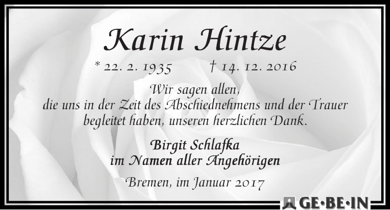 Traueranzeige von Karin Hintze von WESER-KURIER