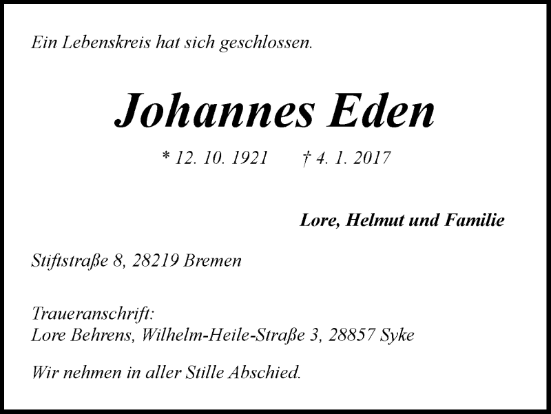 Traueranzeige von Johannes Eden von WESER-KURIER