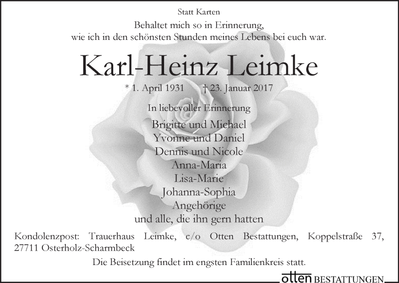 Traueranzeige von Karl-Heinz Leimke von Osterholzer Kreisblatt