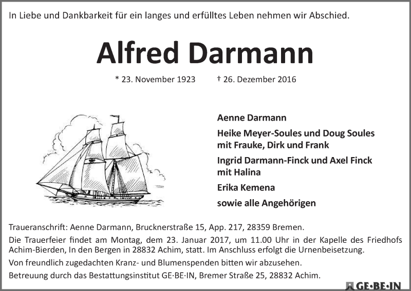Traueranzeige von Alfred Darmann von WESER-KURIER