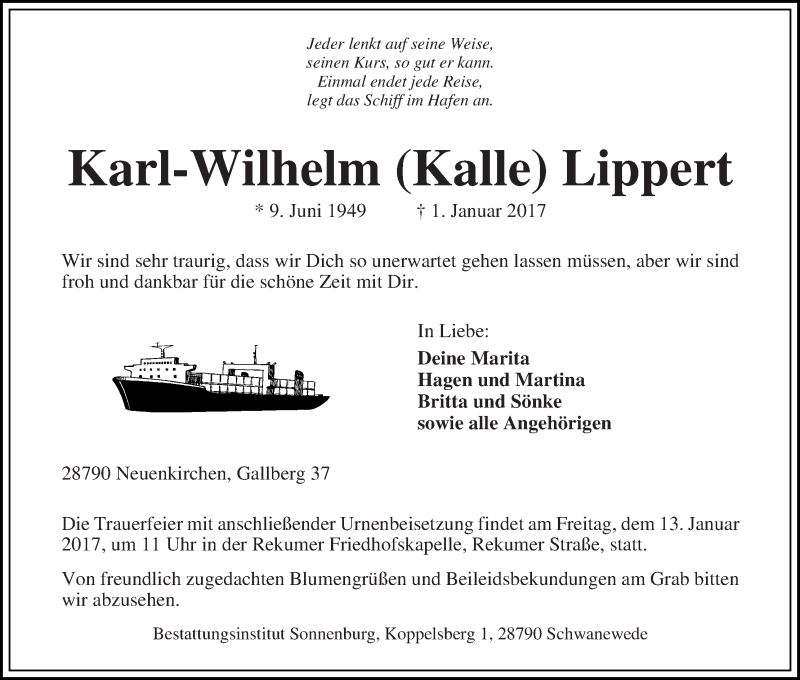 Traueranzeige von Karl-Wilhelm (Kalle) Lippert von Die Norddeutsche