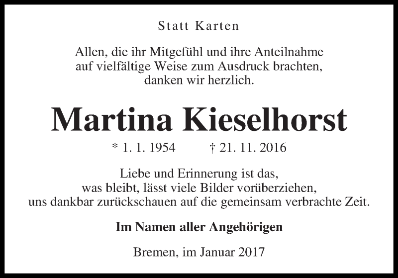 Traueranzeige von Martina Kieselhorst von WESER-KURIER