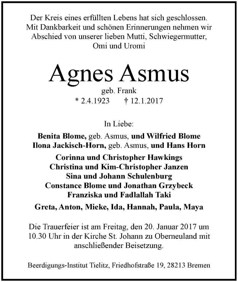 Traueranzeige von Agnes Asmus von WESER-KURIER