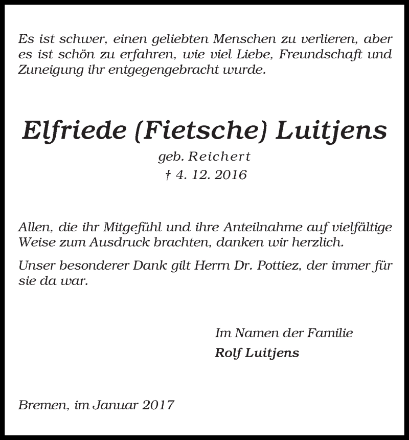 Traueranzeige von Elfriede (Fietsche) Luitjens von WESER-KURIER