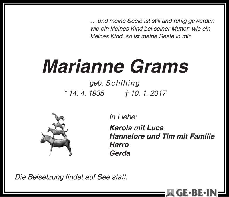 Traueranzeige von Marianne Grams von WESER-KURIER