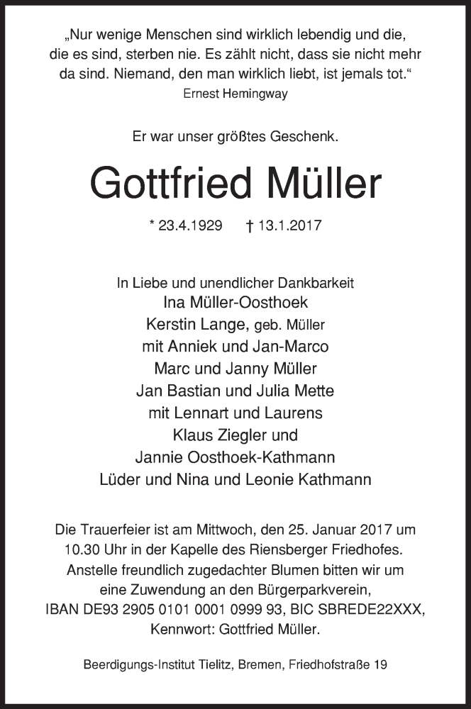 Traueranzeige von Gottfried Müller von WESER-KURIER