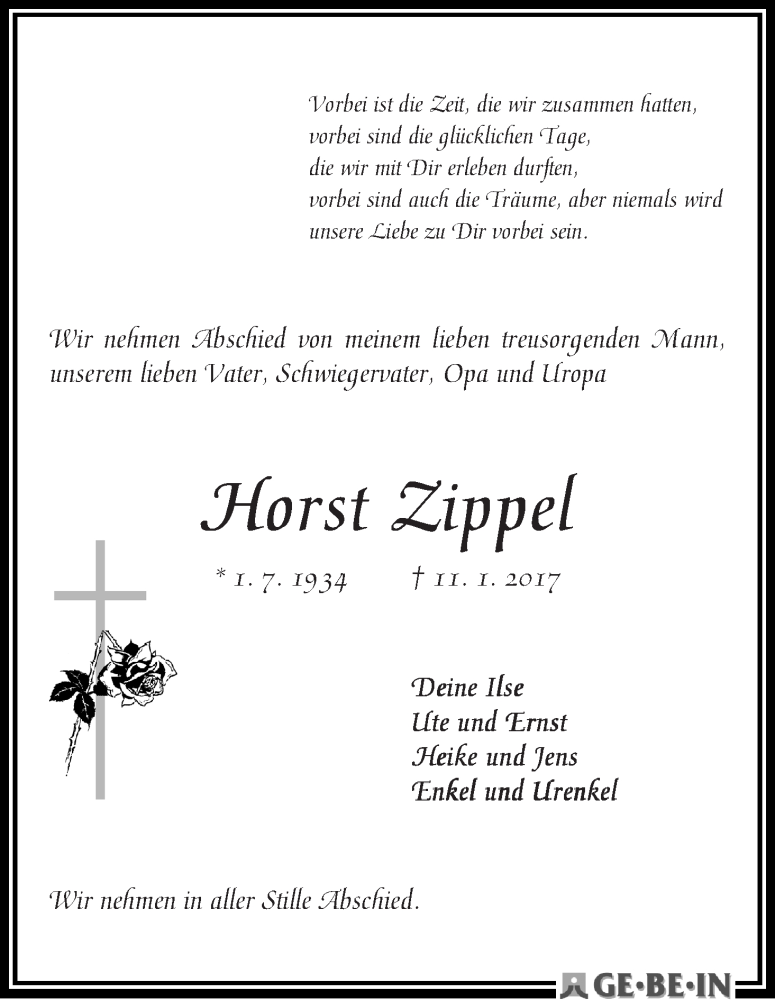 Traueranzeige von Horst Zippel von WESER-KURIER