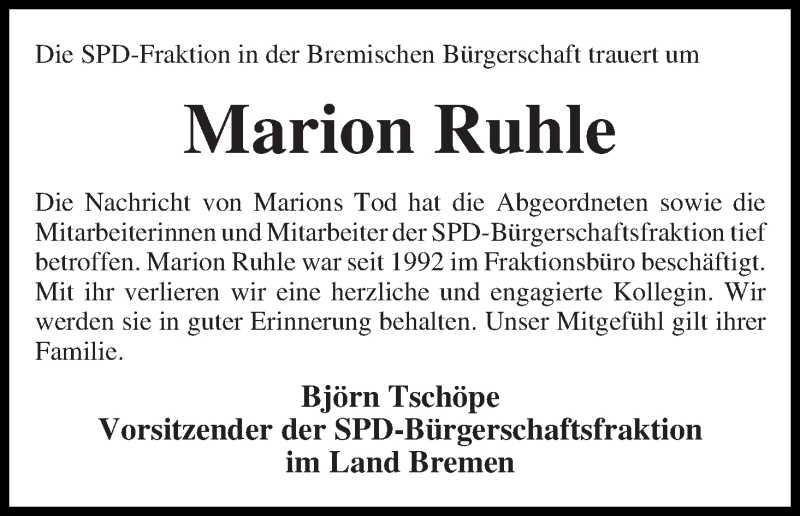  Traueranzeige für Marion Ruhle vom 16.01.2017 aus WESER-KURIER