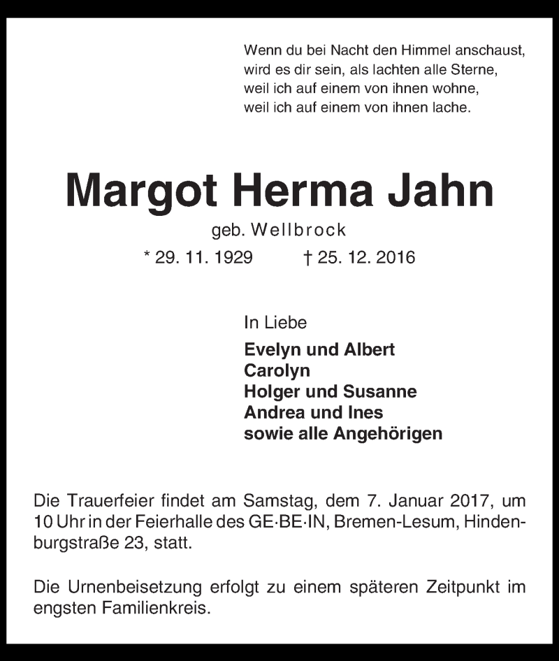 Traueranzeige von Margot Herma Jahn von WESER-KURIER